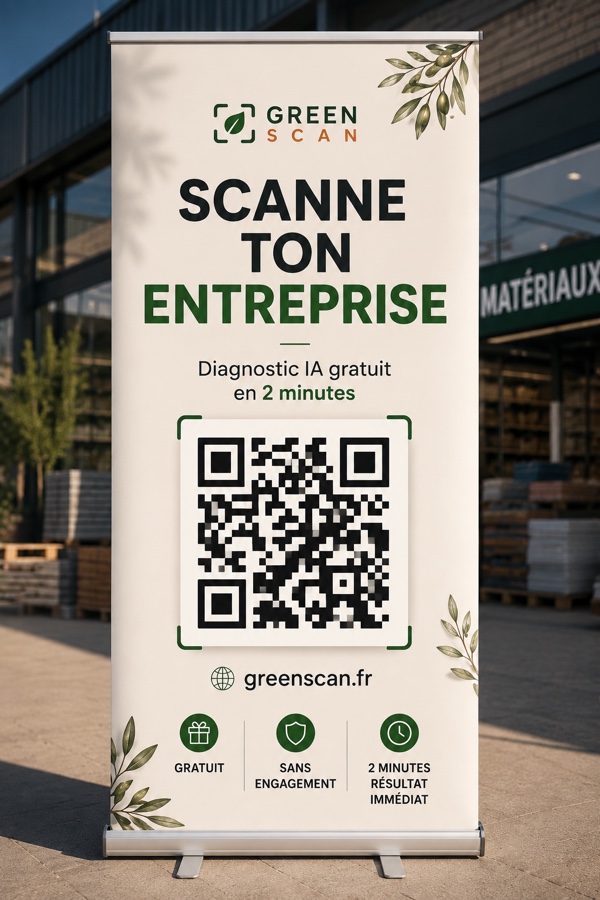Roll-up GREEN Scan installé en magasin, avec QR code de diagnostic gratuit